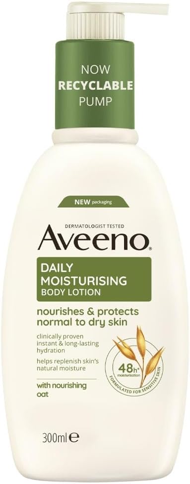 Aveeno Daily Moisturising Body Lotion, With Soothing Oats & Rich Emollients, Suitable For Sensitive Skin, Nourishes And Protects Normal To Dry Skin, Fragrance Free, 300Ml