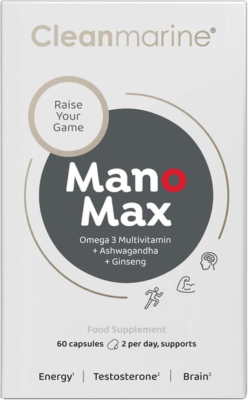 Cleanmarine Manomax - Men'S Multivitamin - Omega 3 With Vitamins B1, B6 & D, Zinc, Selenium, Ashwagandha, Ginseng & Co Q10 – Supports Testosterone, Energy Levels & Cognitive Function - 60 Capsules