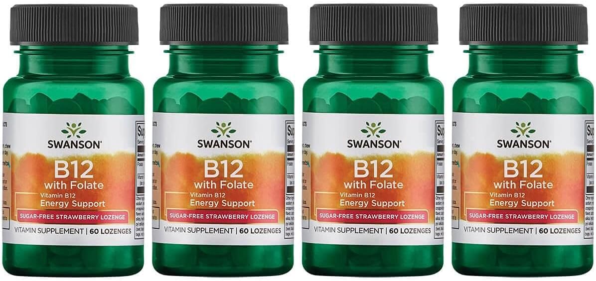Swanson Vitamin B12 With Folate - Sugar-Free Strawberry 60 Loz 4 Pack