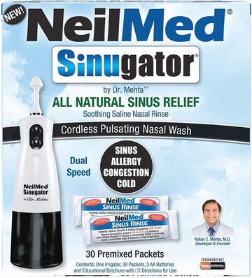 NeilMed Sinugator Cordless Pulsating Nasal Irrigator (Dual Speed) with 30 Premixed Packets and 3 AA Batteries - Black