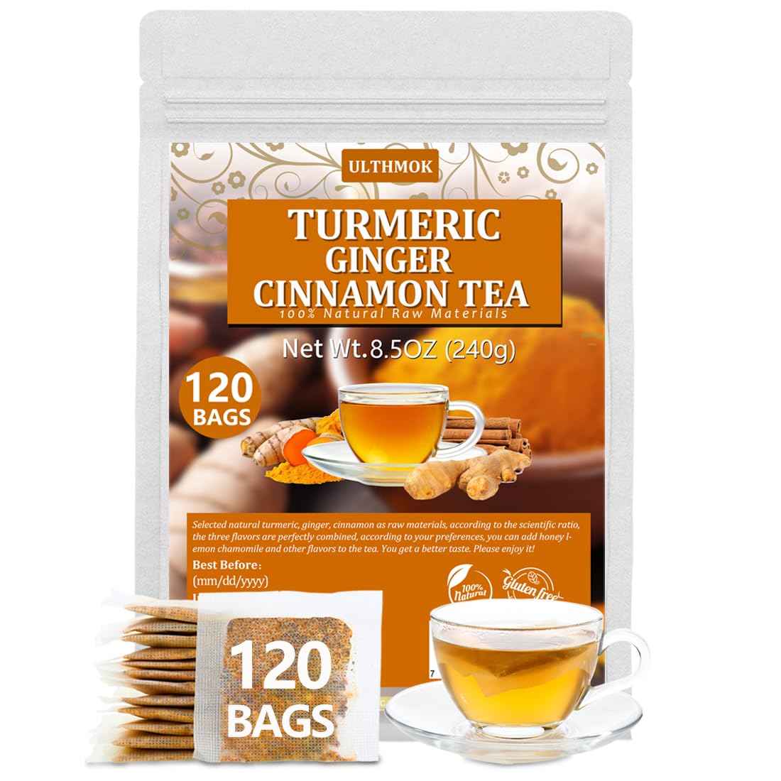 120 Premium Turmeric, Ginger, Cinnamon Blend Tea Bags, 100% Natural & No Additives & Caffeine Free
