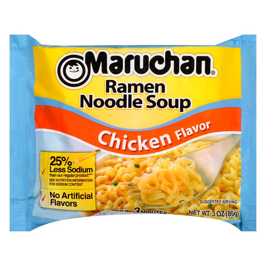 Maruchan Ramen Less Sodium Chicken, Instant Ramen Noodles, Ready to Eat Meals, 3 Oz, 24 Count