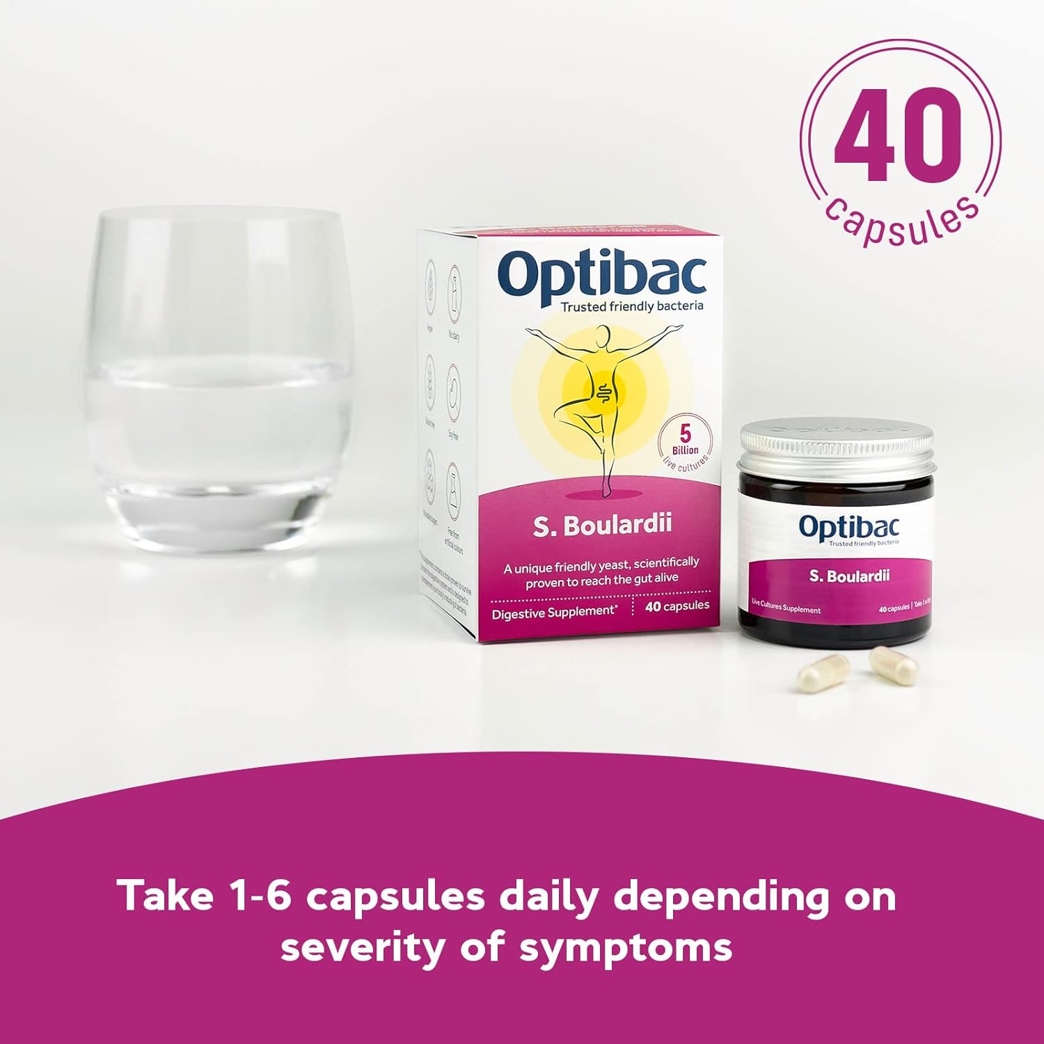 Optibac Probiotics Saccharomyces Boulardii - Vegan Scientifically Proven Digestive Probiotic Supplement, 5 Billion Cfu - 40 Capsules : Health & Household
