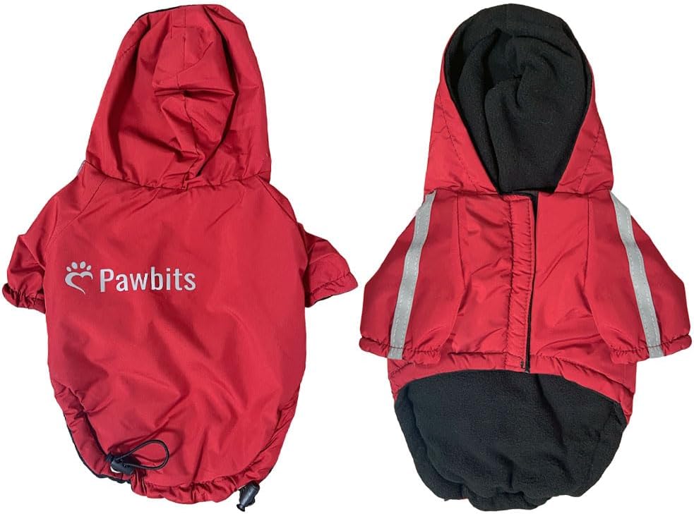 Pawbits Winter Jacket for Small Dogs - Fleece-Lined, Water Resistant, Reflective Coat with Hood for Dogs - Adjustable S, M, L, XL, XXL - Designed for Small Dogs