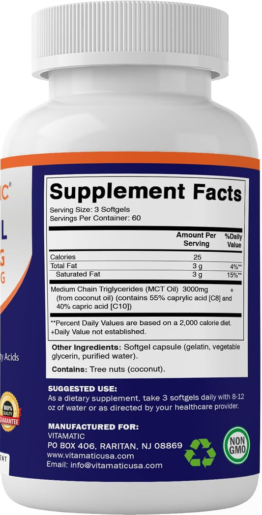 Vitamatic Mct Oil 3000 Mg Per Serving - 180 Softgels - From Coconut Oil - Contains 55% Caprylic Acid C8 And 40% Capric Acid C10