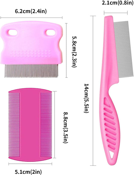 3Pcs Double Sided Nit Comb, Lice Combs, Stainless Steel Tooth Comb, Lice Removal Combs Head Lice Treatment For Adults, Kids, Dogs, Cats(Pink)