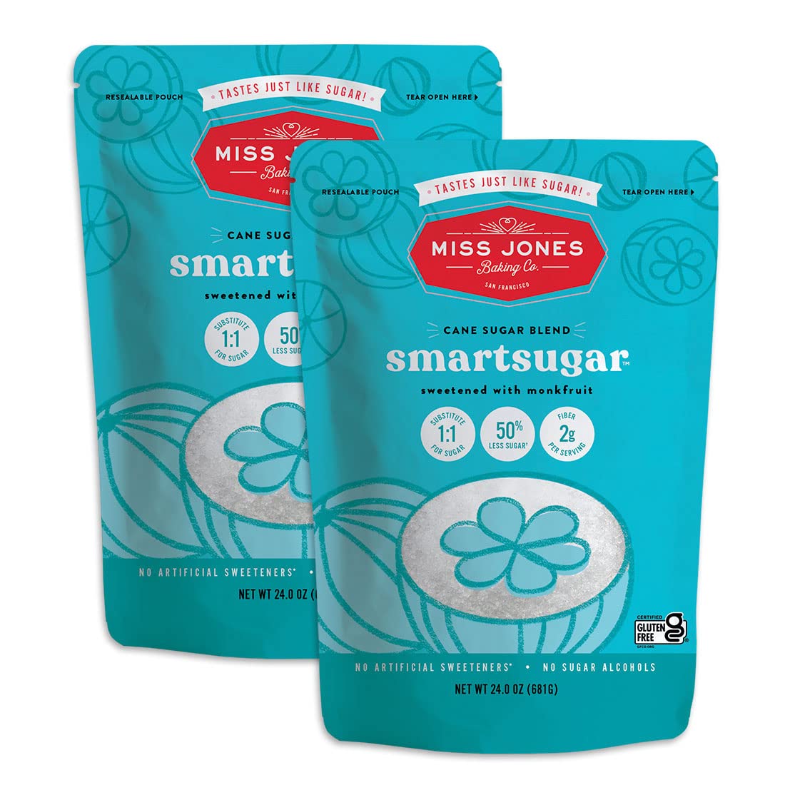 Miss Jones Baking SmartSugar - Cane Sugar Blend Sweetened with Monkfruit - 1:1 Healthy Sugar Substitute, 50% Less Sugar, Plant-Based, No Artificial Sweeteners, Paleo, Gluten Free (Pack of 2)