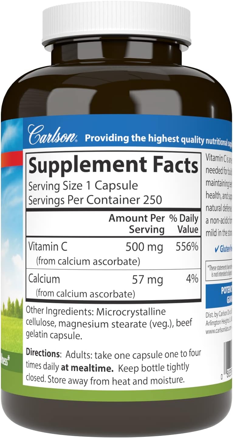 Carlson - Mild-C, 500 mg Buffered Vitamin C, Immune Support & Optimal Wellness, Antioxidant, 250 capsules