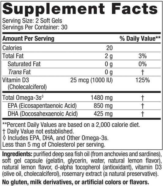 Nordic Naturals Ultimate Omega Xtra, Lemon Flavor - 60 Soft Gels - 1480 mg Omega-3 + 1000 IU Vitamin D3 - Omega-3 Fish Oil - EPA & DHA - Brain, Heart, Joint, & Immune Health - 30 Servings