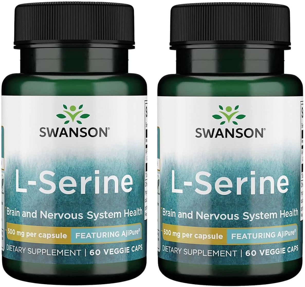 Swanson Ajipure L-Serine - Amino Acid Supplement Supporting Brain Health & Nervous System Function - Natural Formula Promoting Cognitive Function - (60 Veggie Capsules, 500Mg Each) 2 Pack