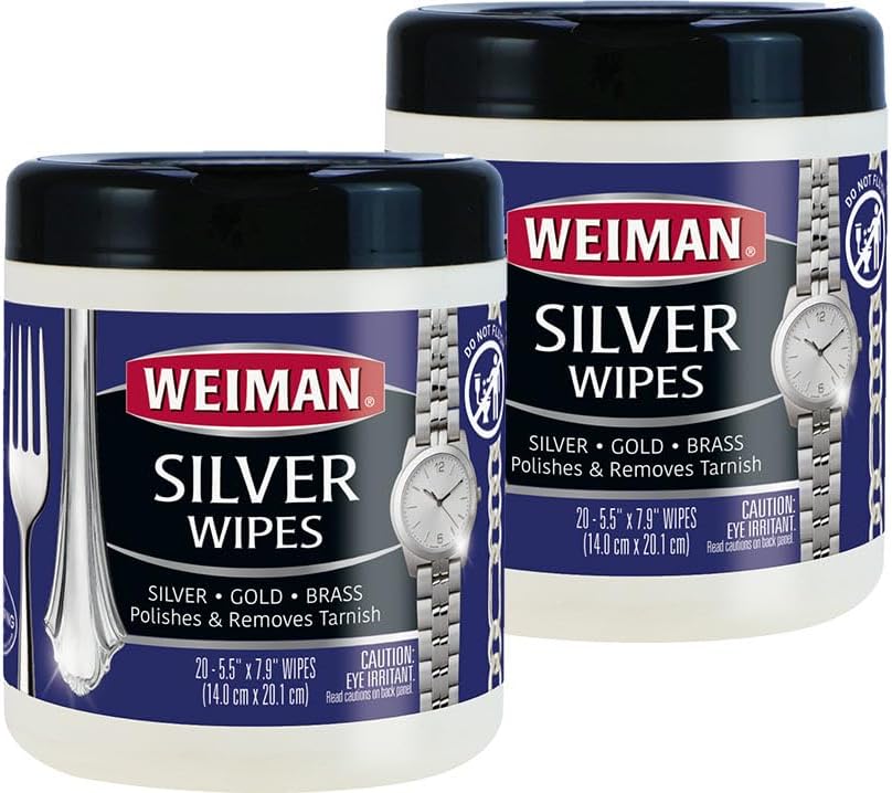 Weiman Silver Polish, Cleaner, and Tarnish Remover Wipes - 20 Count - 2 Pack - Use on Silver, Jewelry, Antique Silver, Gold, Brass, Copper and Aluminum