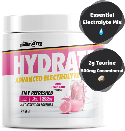Per4M Hydrate Electrolyte Mix Powder | 500Mg Cocomineral | Replenish Essential Electrolytes | Aiding Muscle Function, Cardiovascular Health, Neurological Support (Pink Lemonade, 210G)