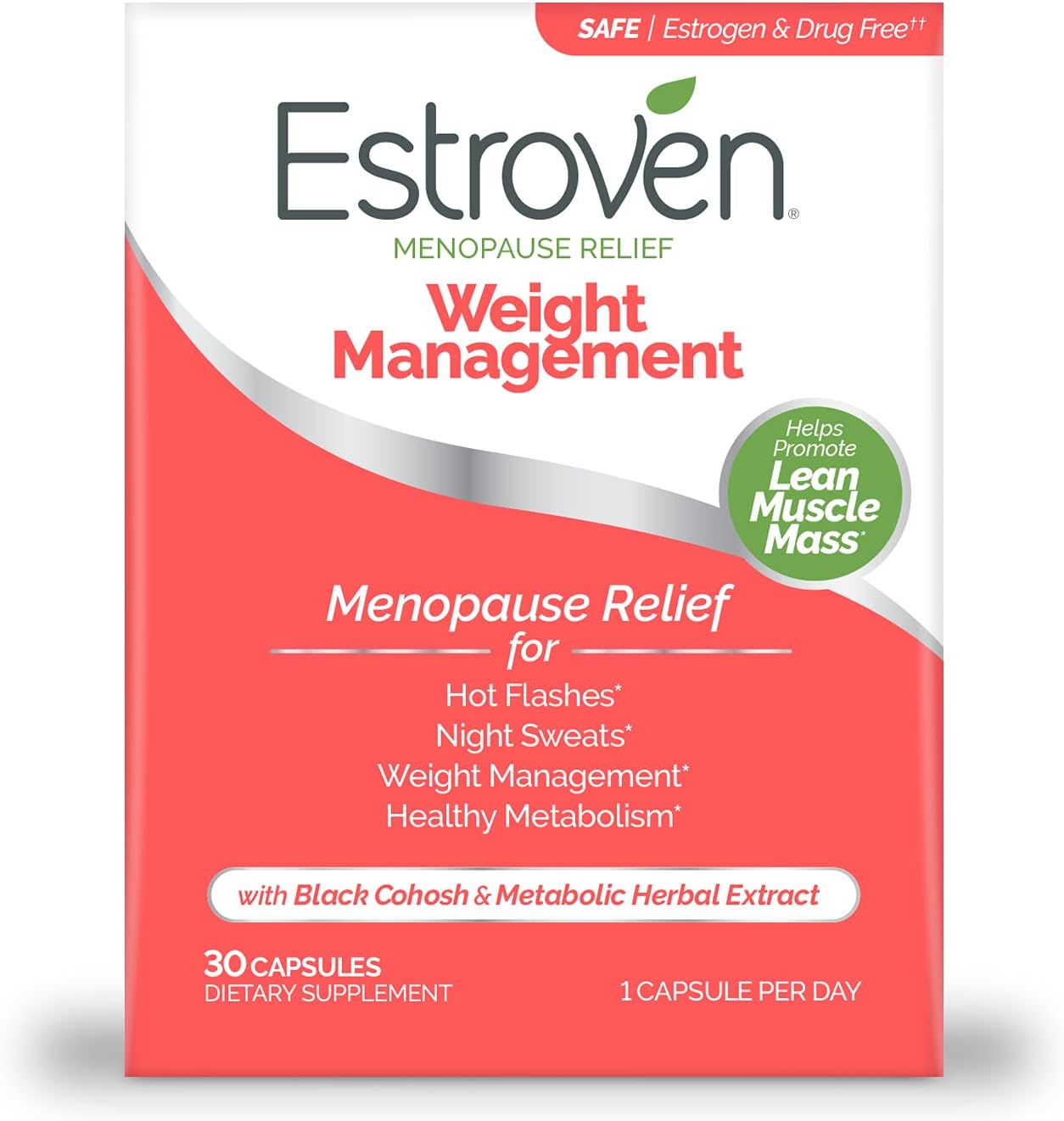 Estroven Weight Management for Menopause Relief - 30 Ct. - Clinically Proven Ingredients Help Manage Weight, Provide Night Sweats & Hot Flash Relief - Drug-Free & Gluten-Free Caplets