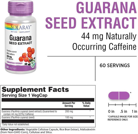 SOLARAY Guarana Seed Extract 300mg | 44 mg of Caffeine | Healthy Energy, Focus, Memory & Metabolism Support | 60 VegCaps