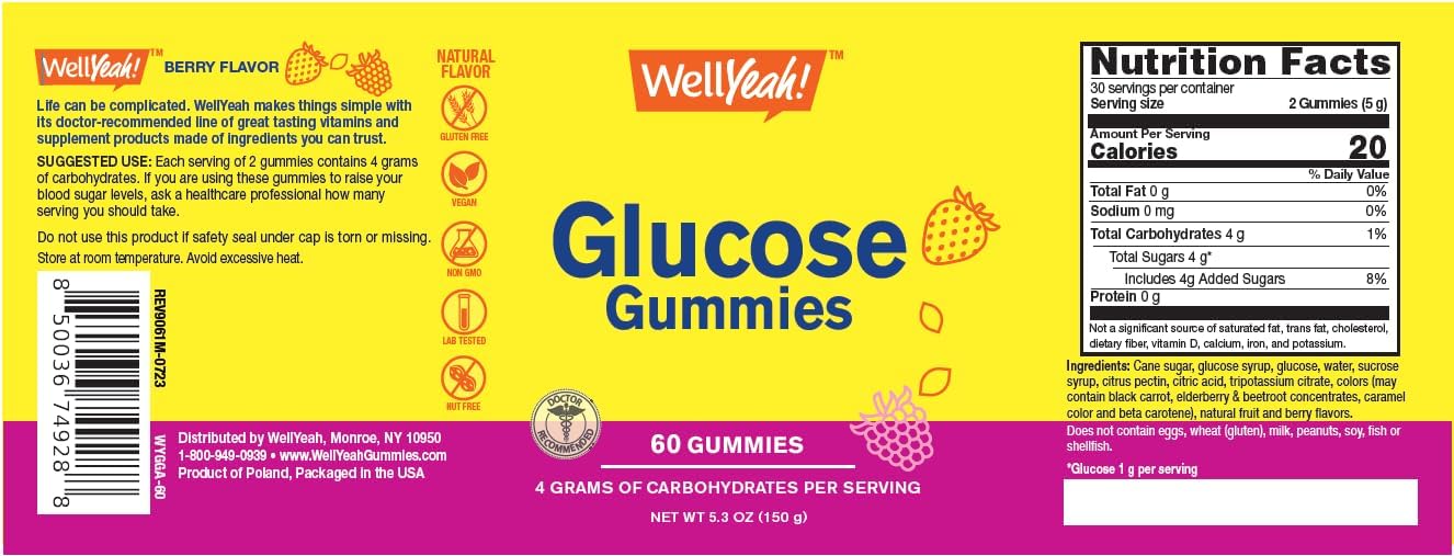 Buy Wellyeah Glucose Gummies - 4 Grams Of Carbohydrates- Natural Sourced Flavors - Chewable Gummy For Men And Women, Non-Gmo, Gluten Free - 60 Count On  Free Shipping On Qualified Orders