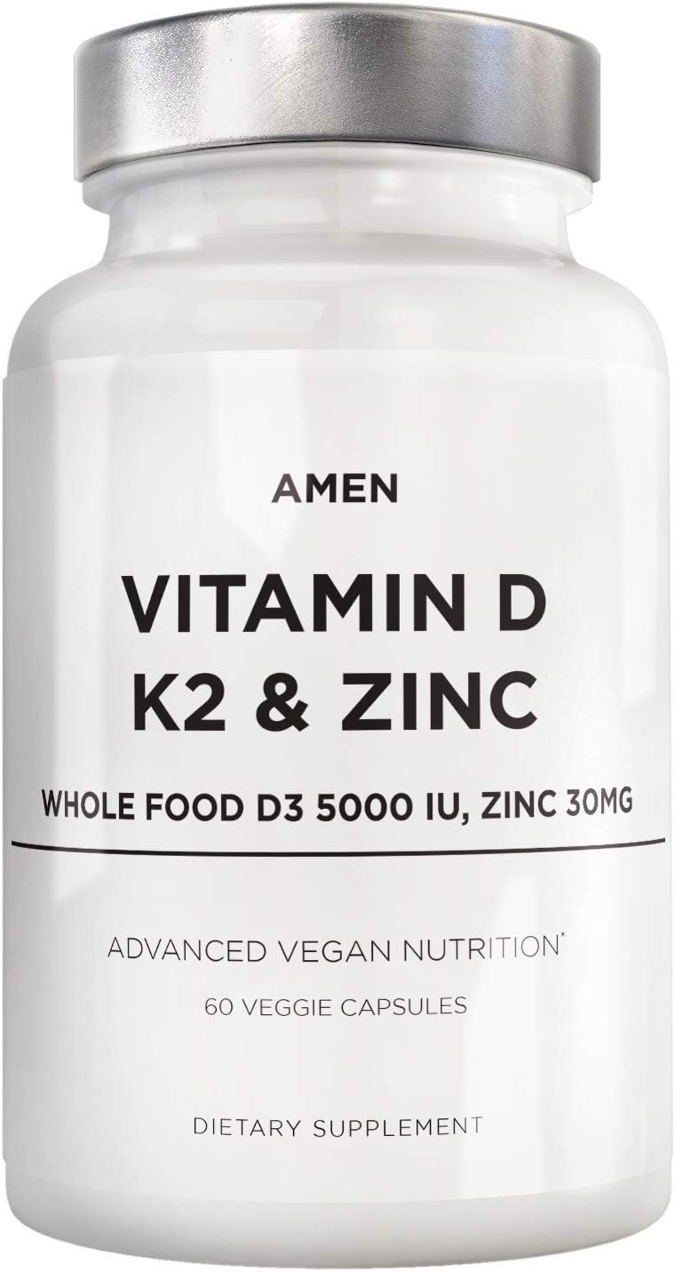 Vitamin D, K2 & Zinc, Cholecalciferol D3 5000 IU, Organic Whole Food Blend with Apple, Blueberry, Cranberry, Elderberry Powder Fruits, Vegan Supplement, D3 K2 Vitamins, Non-GMO - 60 Capsules