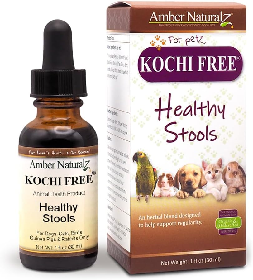Amber Naturalz Kochi Free Herbal Supplement For Dogs, Cats, Birds, Guinea Pigs, And Rabbits | Pet Herbal Supplement For Healthy Stool Support | 1 Fluid Ounce Glass Bottle | Manufactured In The Usa