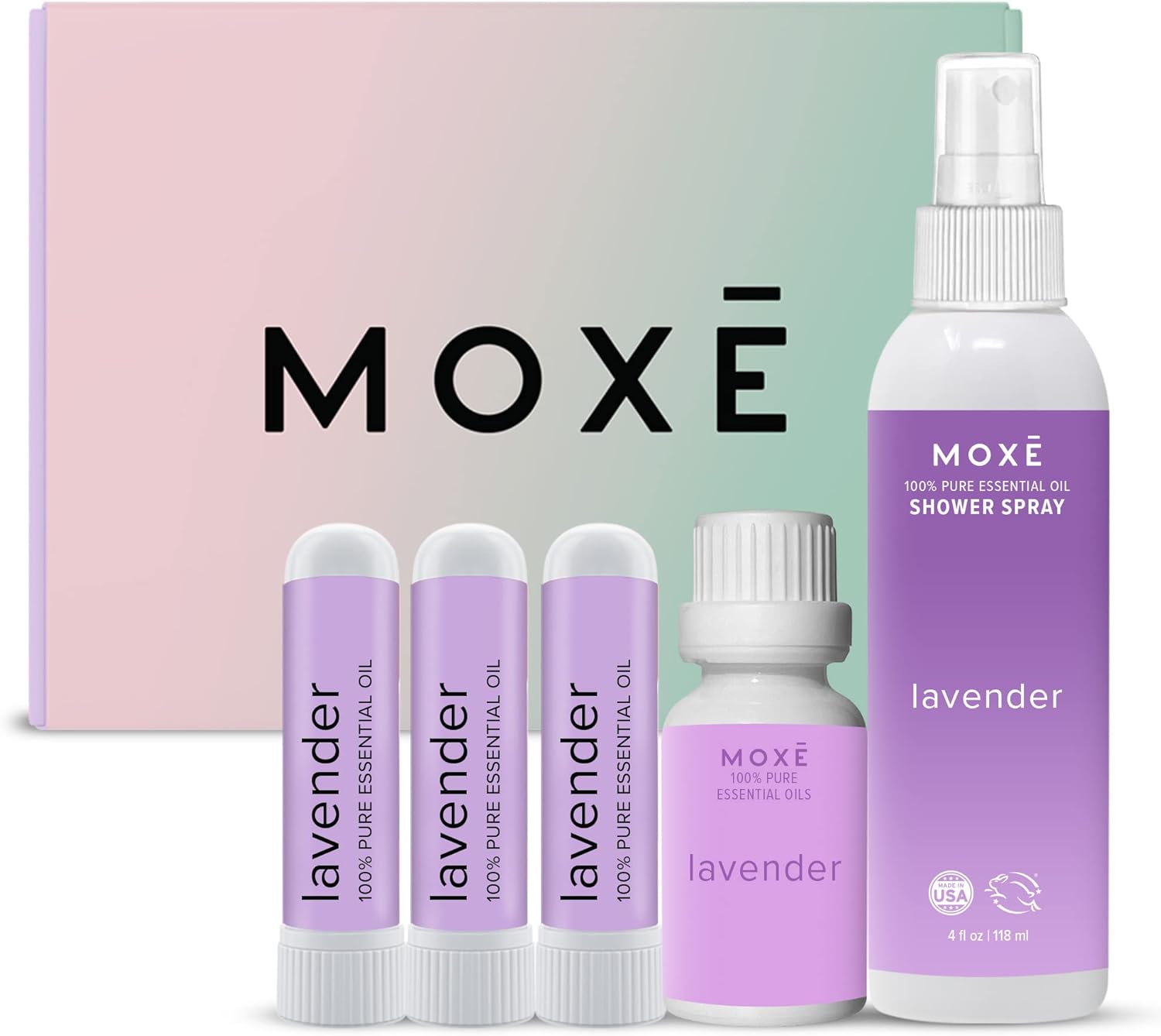 Moxe Lavender Aromatherapy Gift Set, 100% Pure Essential Oil, Shower Steamer Spray, Portable Nasal Inhalers, Diffuser Essential Oil, Sinus & Congestion Relief, Therapeutic Grade, Made In Usa