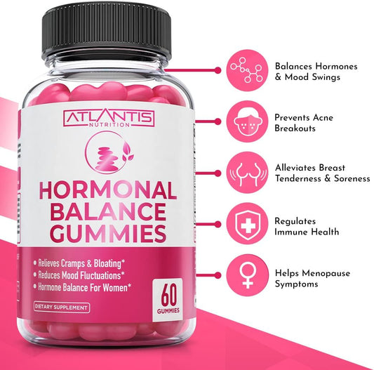 Atlantis Nutrition Hormonal Balance For Women & Pms Relief Gummies - Alleviates Cramps, Bloating, Mood Swings, Hot Flashes & Night Sweats - Cranberry, Dong Quai & Chasteberry Menstrual Cramp Relief