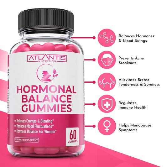 Hormonal Balance & Magnesium Gummies For Muscle Cramps, Pms Gummies Alleviate Bloating & Mood Swings, Magnesium Helps Prevent Cramps & Promotes Muscle Recovery - 60 Vegan Gummies Per Bottle
