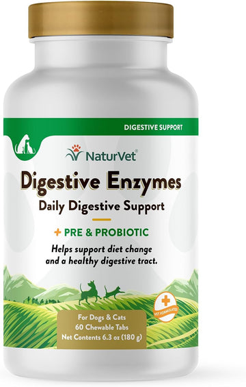 NaturVet – Digestive Enzymes - Plus Probiotics & Prebiotics – Helps Support Diet Change & A Healthy Digestive Tract – for Dogs & Cats (Chewable Tablets, 60 Count)