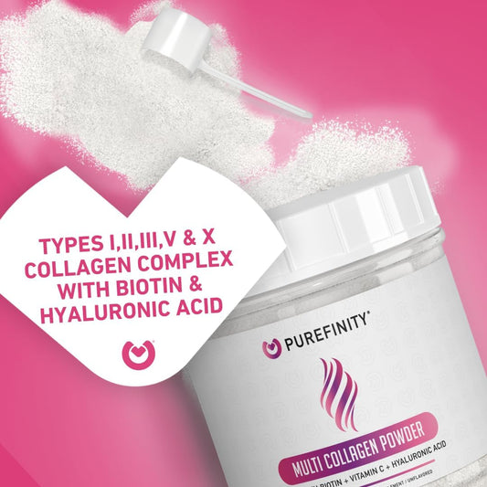 Multi Collagen Peptides Powder - Dissolving Collagen Powder Type I, II, III, V & X with Biotin & Vitamin C - Anti-Aging, Healthy Hair, Skin & Nails - Unflavored