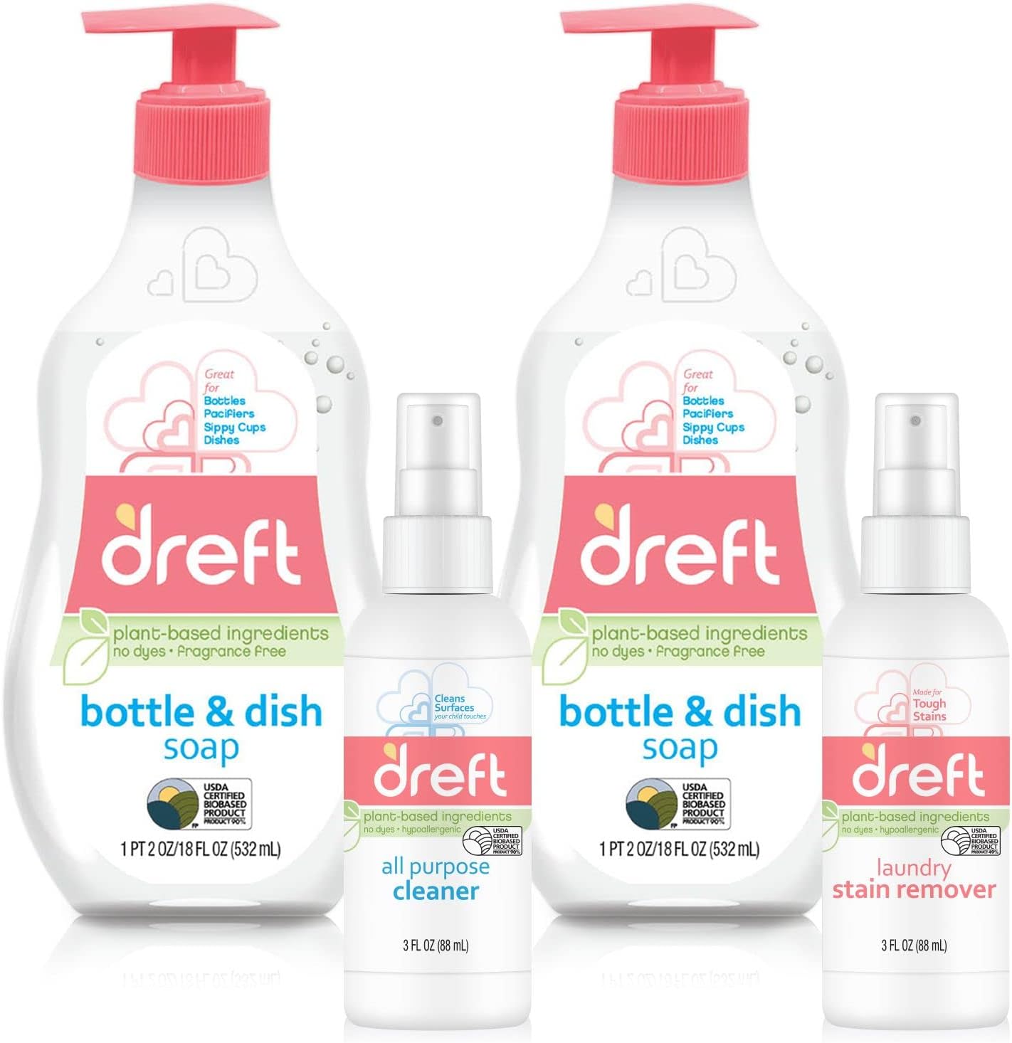 Dreft Bottle and Dish Soap Baby Gift Bundle, Plus Travel Size Dreft Stain Remover & All Purpose Cleaner Spray, Plant-Based Ingredients & Fragrance Free Formula, 4 Piece Set