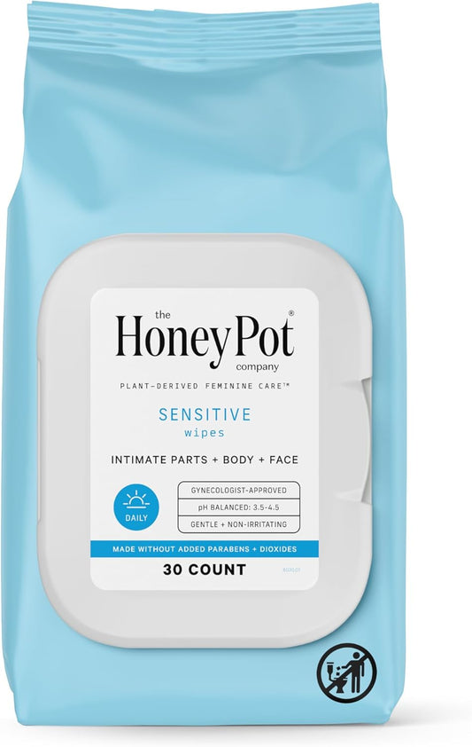 The Honey Pot Company - Sensitive Wipes 30 Ct - Daily Ph Balancing, Fragrance & Sulfate Free For Intimate Parts, Body, Or Face & Size 1 Menstrual Cup Bundle -12 Hour Reusable Protection For Periods