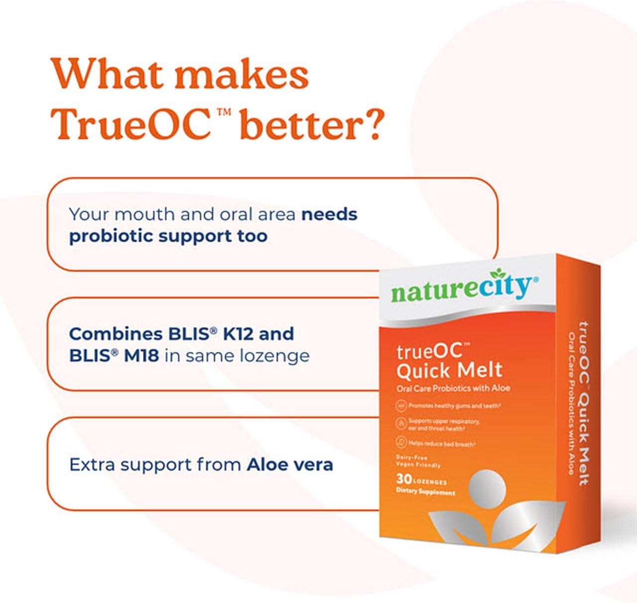 Naturecity Trueoc Oral Probiotics For Teeth And Gums With Aloe Vera | Fights Bad Breath In Adults & Children & Improves Upper Respiratory Health | Dental Probiotic Ft. Blis K12 Blis M18 Lozenges (30)