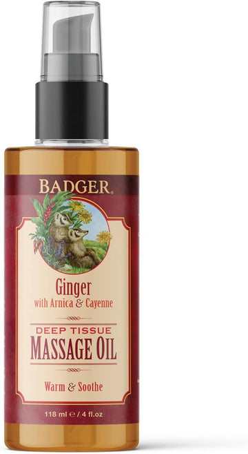 Badger - Deep Tissue Massage Oil, Ginger With Arnica & Cayenne, Certified Organic Massage Oil, Warm & Soothe, Massage Oil For Sore Muscles, Essential Oils, 4 Oz