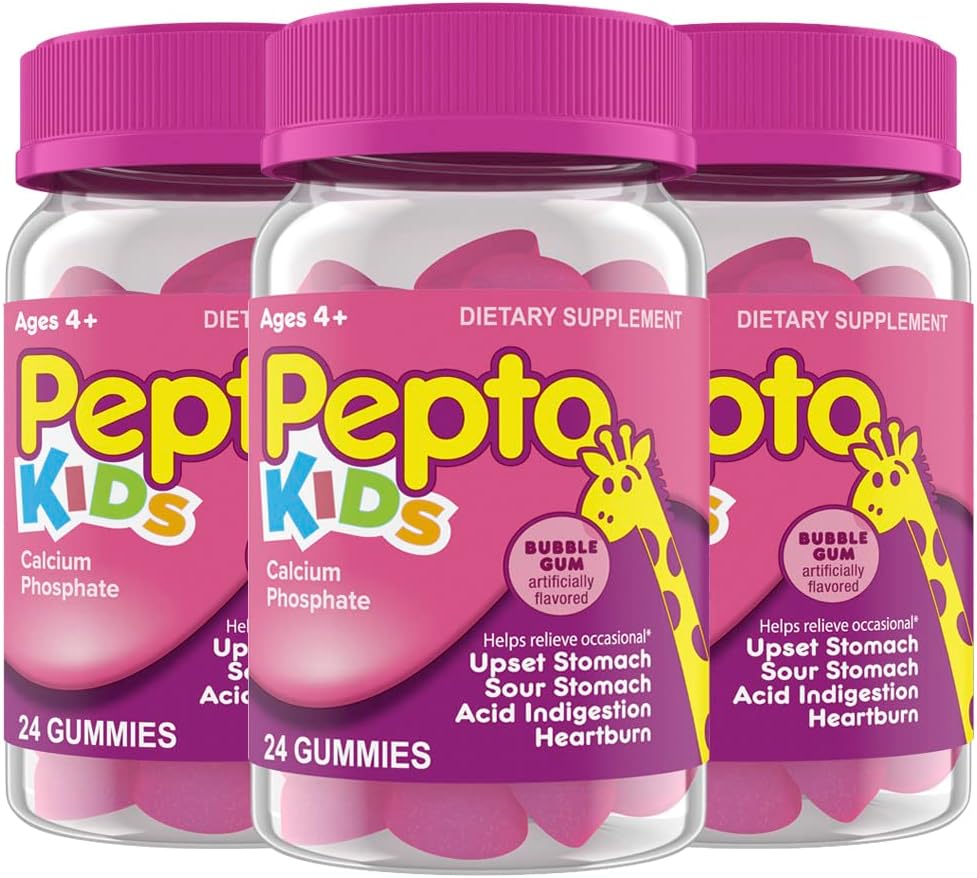 Pepto Kids Gummies, Helps Relieve Occasional Upset Stomach, Acid Indigestion, Sour Stomach And Heartburn, 72 Total (3 Packs Of 24)