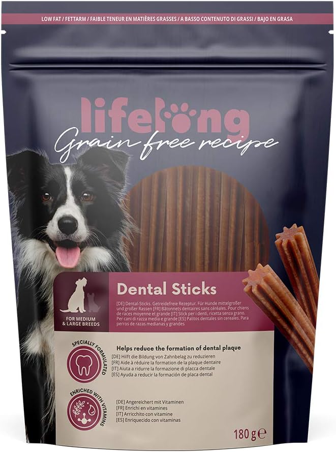 Amazon Brand - Lifelong Grain Free Recipe Dental Sticks for Medium and Large Breed Dogs, Chicken, 180g, Pack of 6?ESP50062005