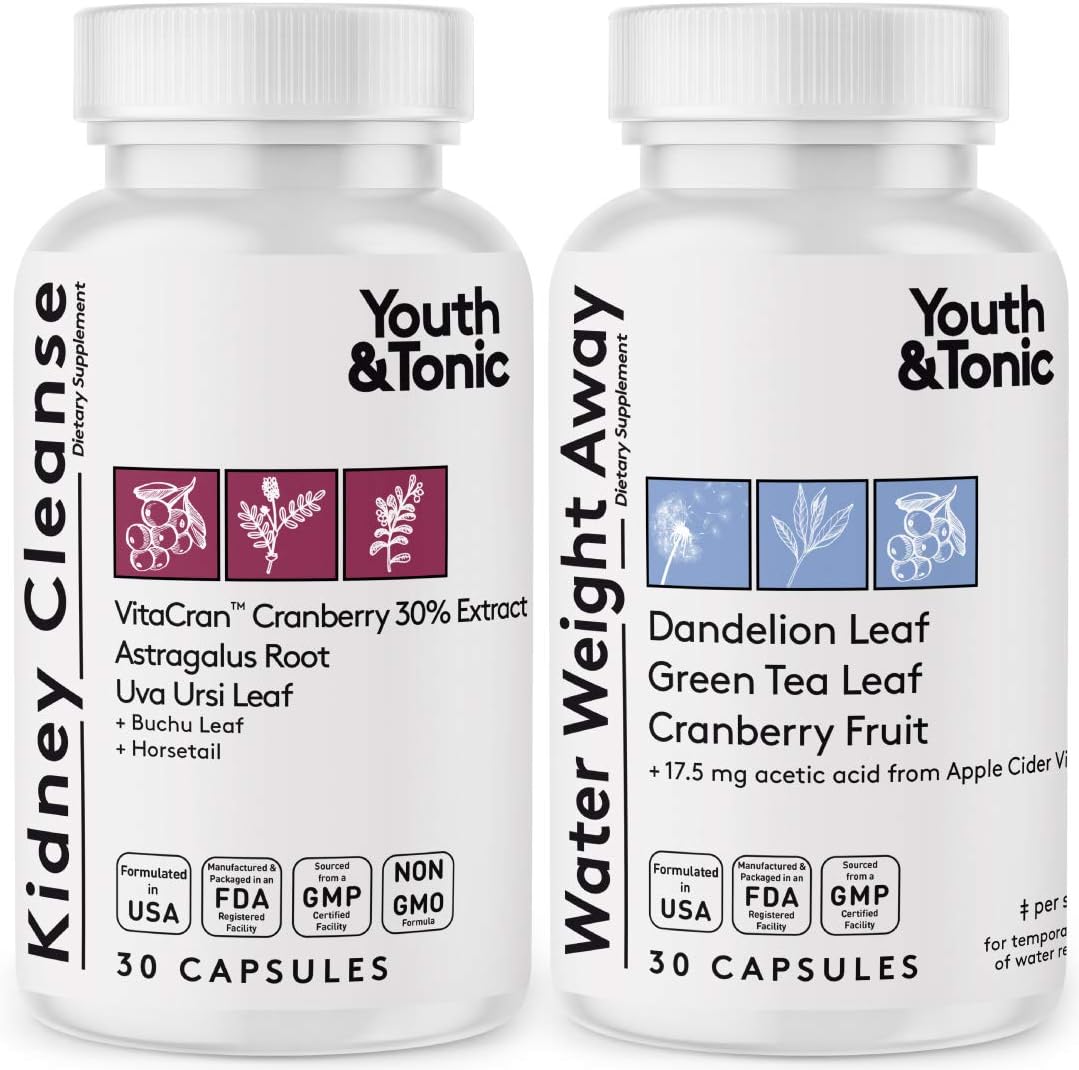 Youth & Tonic Daily Water Retention Pills For Kidney Cleanse Swelling And Excess Body Fluids & Metabolic Waste / 30 + 30 Capsules