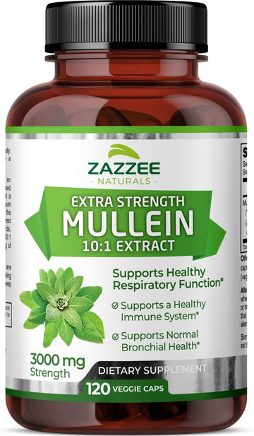 Zazzee Extra Strength Mullein 10:1 Extract, 3000 Mg Strength, 120 Vegan Capsules, 4 Month Supply, Concentrated And Standardized 10X Extract, 100% Pure Leaf Powder, All-Natural And Non-Gmo