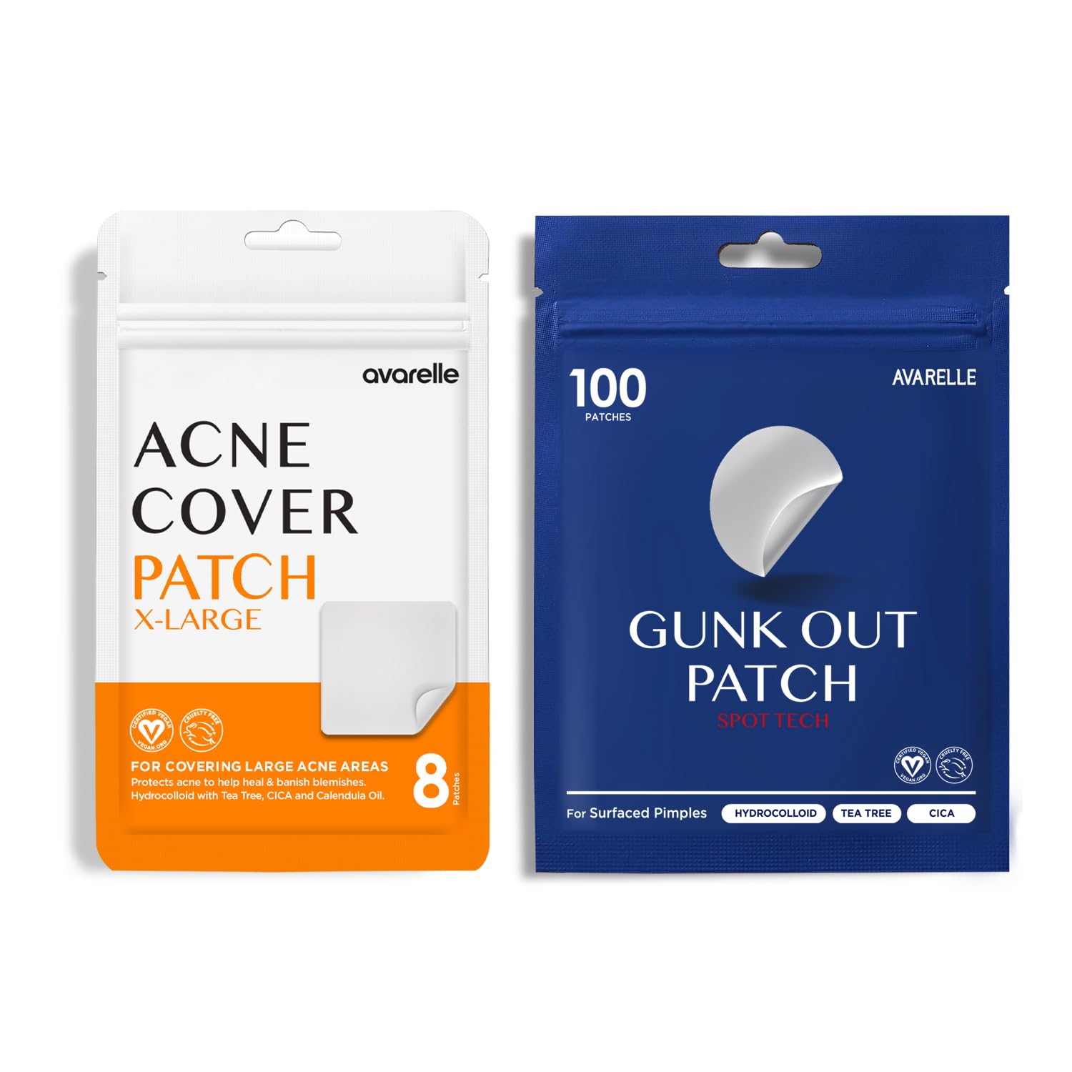 Avarelle Full Coverage Combo (Upgrade Ver.) Hydrocolloid Acne Patches For Blemishes And Zit With Tea Tree Oil, Calendula Oil And Cica Oil For Face, Vegan, Cruelty Free (8Ct Xl + Frontline Support)