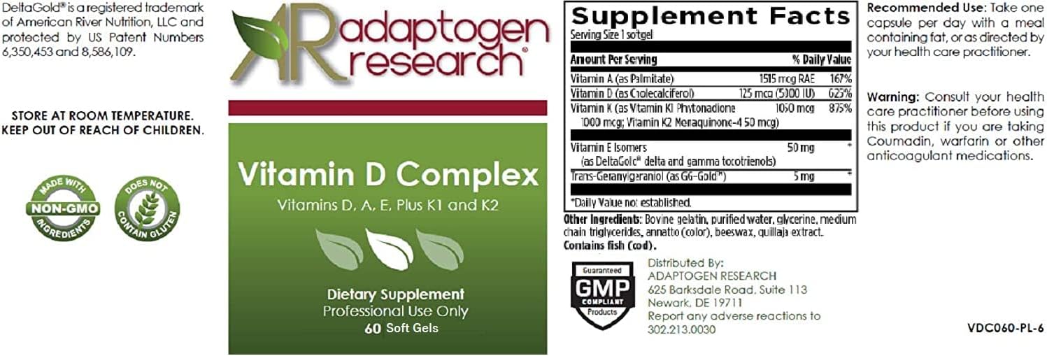 Vitamin D Complex | D3 5000Iu With Vitamin A, E (Tocopherols And Tocotrienols), K1 + K2 | Fat Soluble Vitamins Blend | 60 Softgels