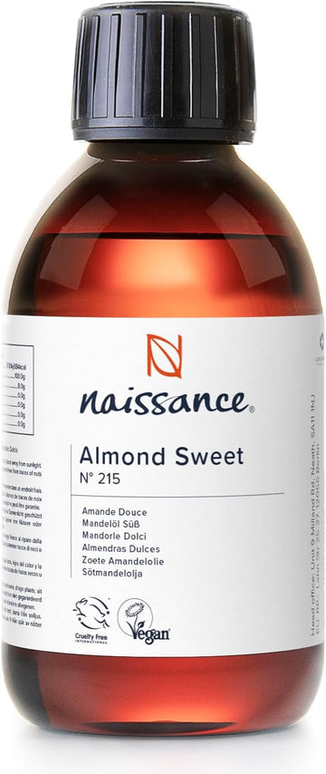 Naissance Sweet Almond Oil (no. 215) 250ml – for Skin, Hair, Massage, Nails, Cuticles, Ears, Face, Body - Natural Skin Care, Carrier Oil for Aromatherapy