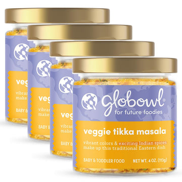 Globowl Stage 3 Baby Food & Toddler Meals, 6+ Months Early Allergen Introduction, Baby Led Weaning, International Whole Food Snacks For Toddlers, Babies, 4 Oz Glass Jar, Veggie Tikka Masala, 4-Pack
