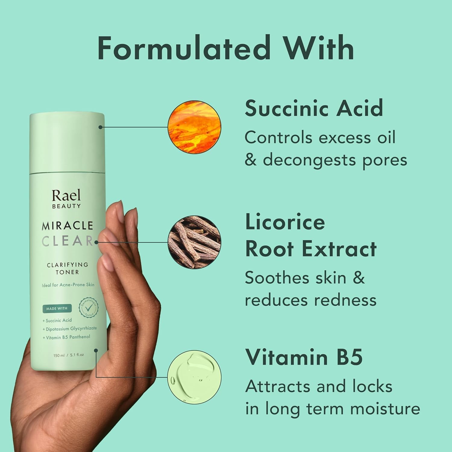 Rael Toner For Face, Miracle Clear - Reducing Pores And Oils With Succinic Acid, Hydrating Vitamin B5, Vegan, Korean Skin Care (5.1 Fl Oz) : Beauty & Personal Care