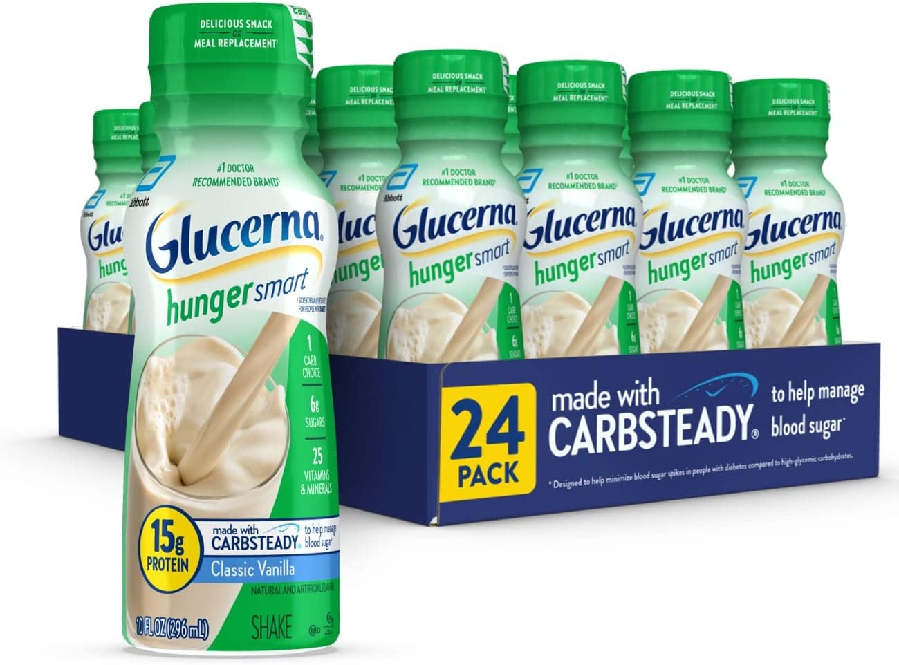 Glucerna Hunger Smart Shake, Diabetic Drink, Blood Sugar Management, 15G Protein, 180 Calories, Classic Vanilla, 10-Fl-Oz Bottle, 24 Count