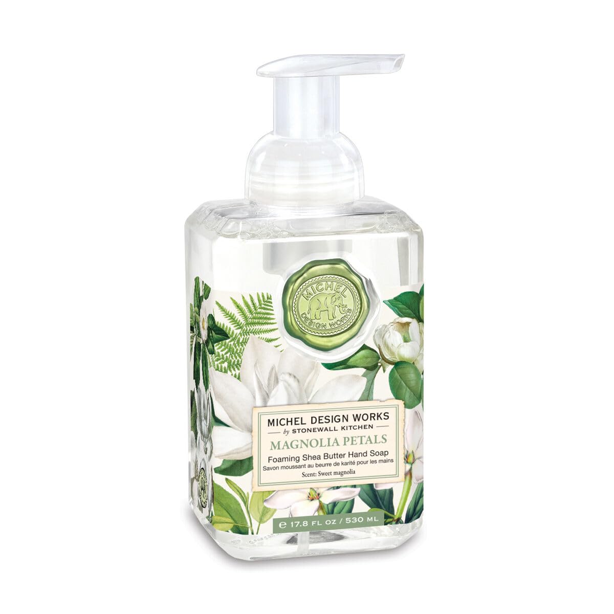 Michel Design Works Foaming Hand Soap 17.8Oz, Magnolia Petals Scent And Design, Shea Butter And Aloe Vera Blend, Beautiful Square Container With Pump
