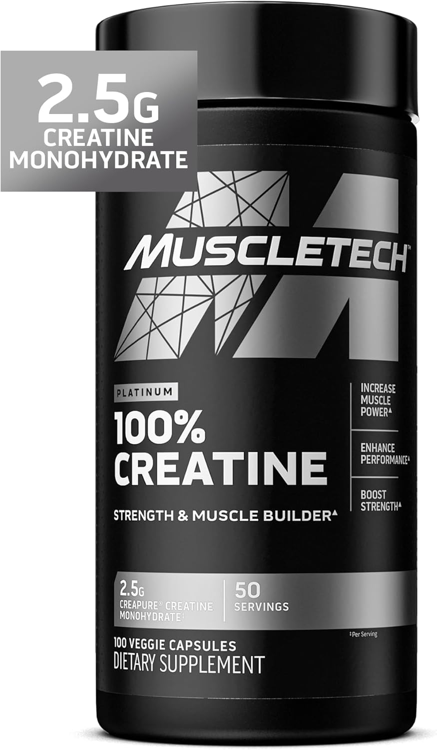Muscletech Platinum Creatine Monohydrate Capsules - Creapure Creatine Pre & Post Workout Muscle Builder, Muscle Recovery & Energy Boosting Supplement For Men & Women - 100 Veggie Pills