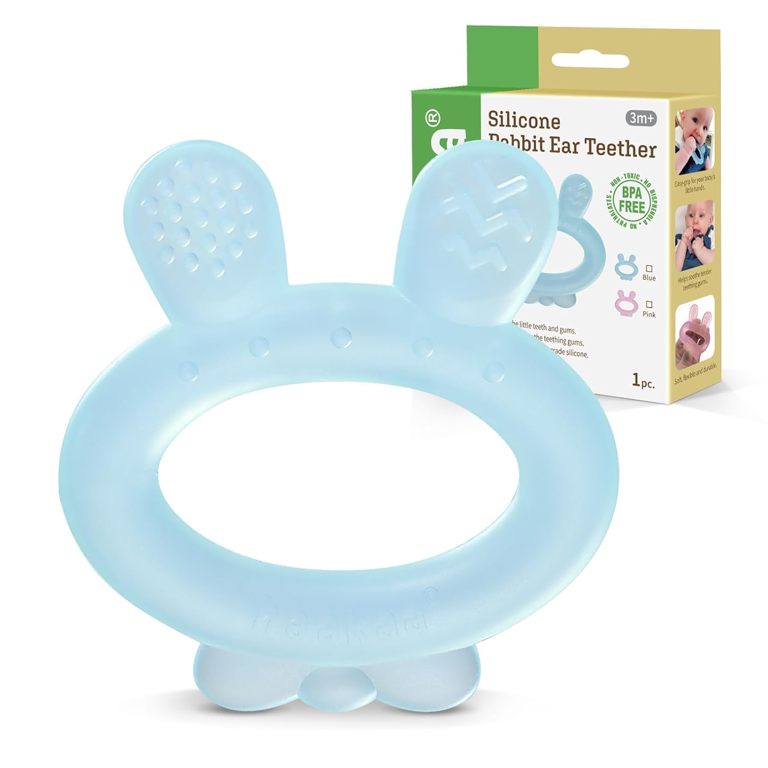 Haakaa Silicone Baby Teether - Rabbit Ear Frozen Teething Toy for Babies - Cold Teething Relief - BPA Free Silicone -Blue