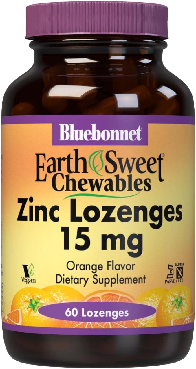 Bluebonnet Nutrition Earthsweet Zinc Lozenges 15mg Chewables, Plus 100mg of Vitamin C, Soy-Free, Gluten-Free, Kosher Certified, Dairy-Free, Vegan, Orange Flavored, 60 Lozenges