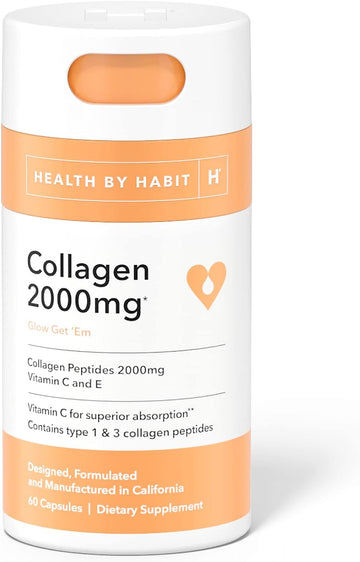 Health By Habit Collagen Supplement (60 Capsules) - Vitamin C & Vitamin E, 2000mg, Collagen Peptides, Superior Absorption, Support Your Skin, Non-GMO, Sugar Free (1 Pack)