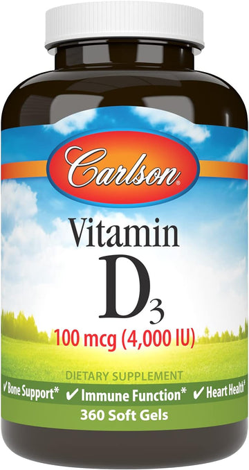 Carlson - Vitamin D3, 4000 IU (100 mcg), Bone & Immune Health, Cholecalciferol Supplement, Gluten Free Vitamin D Capsules, 360 Softgels