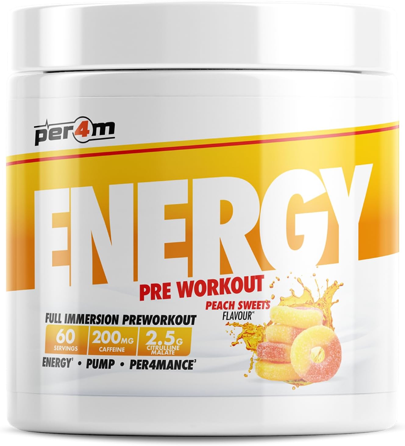 Per4M Energy Pre Workout With Amino Acids | Caffeine, Tyrosine, Citrulline & Theobromine | Endurance, Focus & Sustained Power | 60 Servings (390G, Peach Sweets)