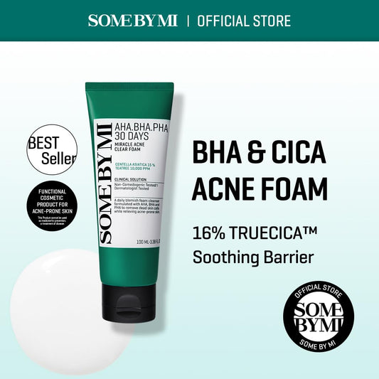 Some By Mi Aha Bha Pha 30 Days Miracle Acne Clear Foam - 3.38Oz, 100Ml - Made From Tea Tree Leaf For Acne Prone Skin - Daily Acne Face Wash For Removing Sebum And Dead Cells - Korean Skin Care