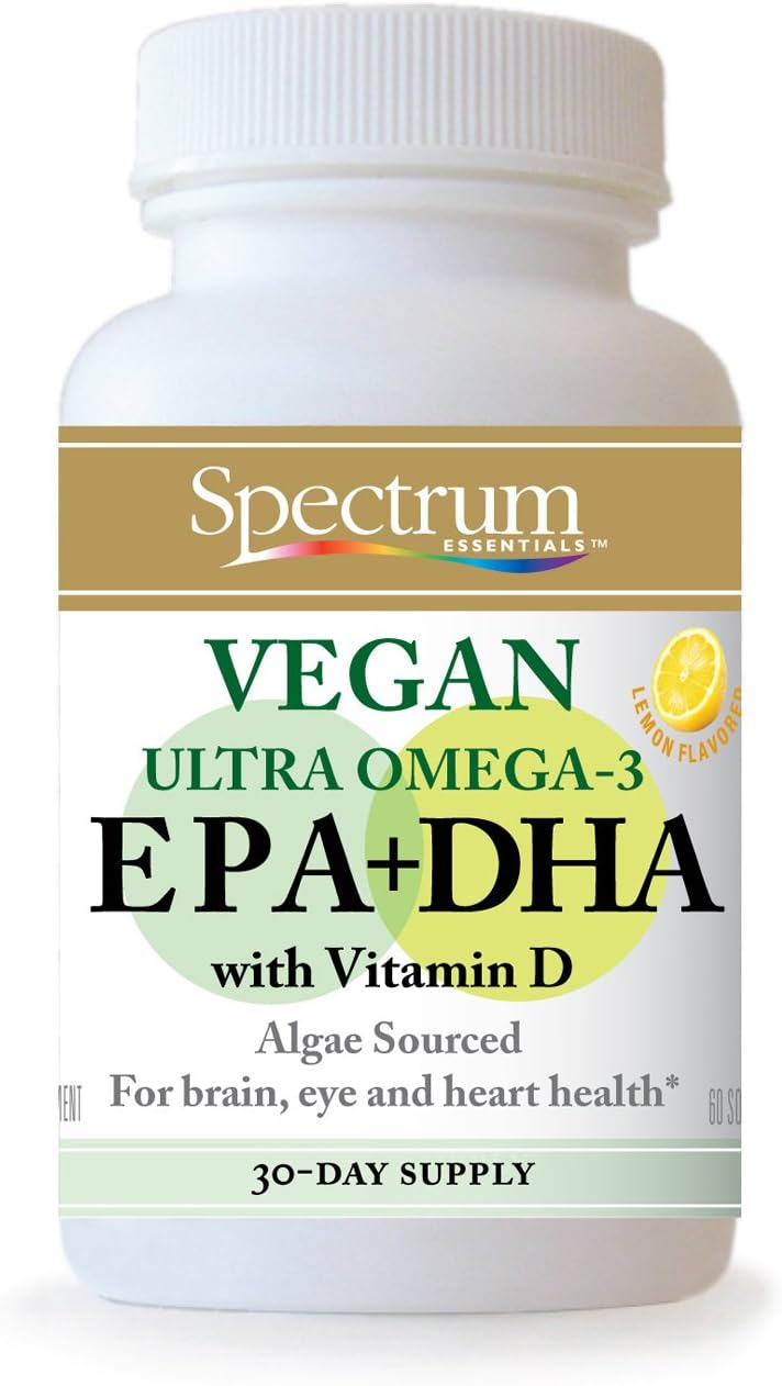 Spectrum Essentials Soft Gels, Vegan Ultra Omega-3 EPA and DHA with Vitamin D, 60 Count