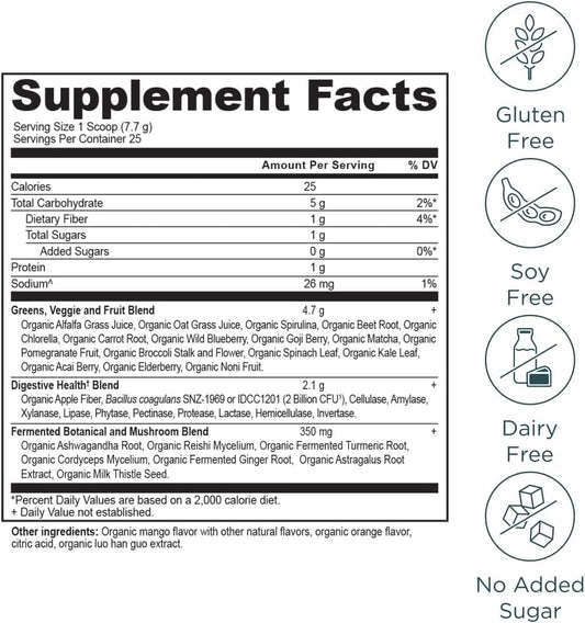 Ancient Nutrition Supergreens Powder With Probiotics, Organic Mango Flavor Greens, Made From Real Fruits, Vegetables And Herbs, Digestive And Energy Support, 25 Servings, 6.8Oz